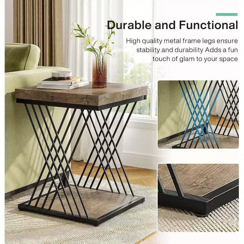 2-Tier Square End Table / Side Table – Marble Veneer, Cross-Bar Design