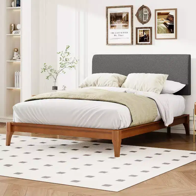 GDFStudio Julia Solid Bamboo 12 Inch Platform Bed with Upholstered High Headboard