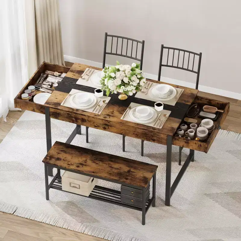 4-Piece Dining Set with 2 Chairs & 1 Bench (Rectangular Table w/Double Drawers) - Ideal for Kitchen, Dining Room or Yard