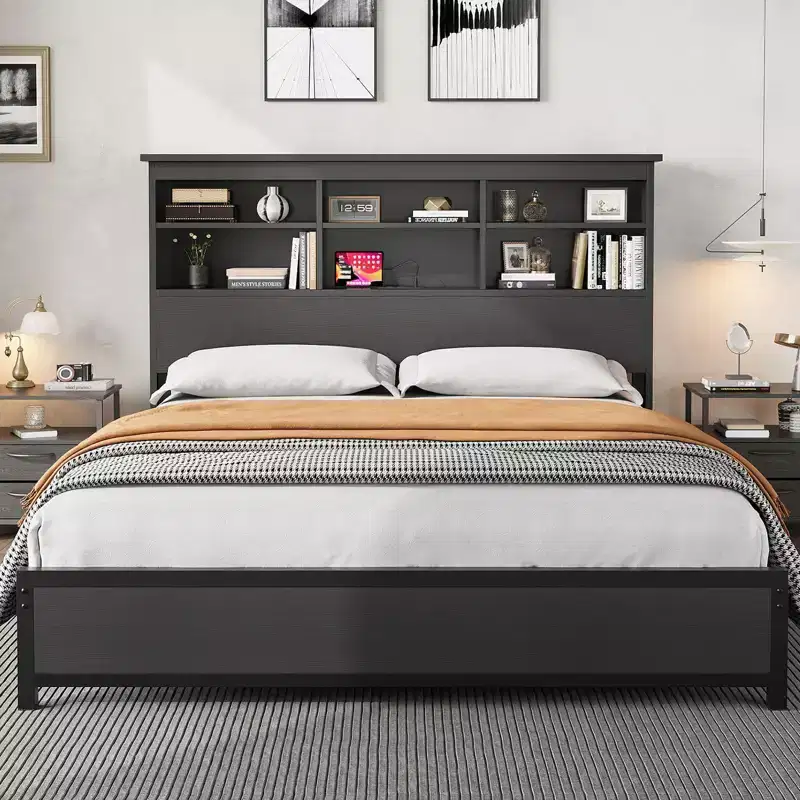 Metal Platform Bed Frame with Bookcase Headboard, USB & Charging Station, Underbed Storage, No Box Spring Needed
