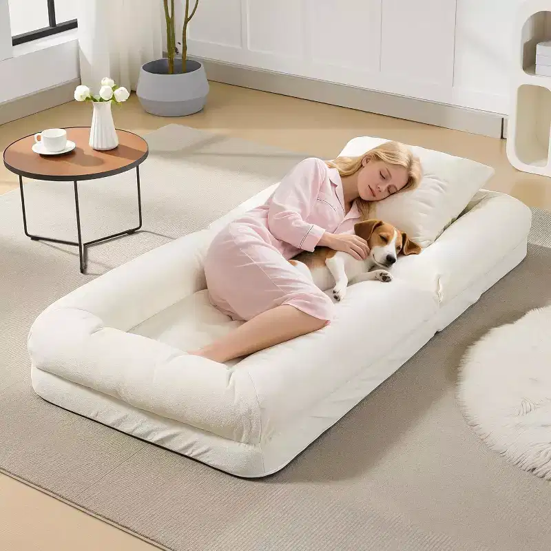 Acekool Chenille 5-Position Adjustable Foldable Sofa Dog Bed with Fluffy Pillows, Oversized Lounger for People and Pets