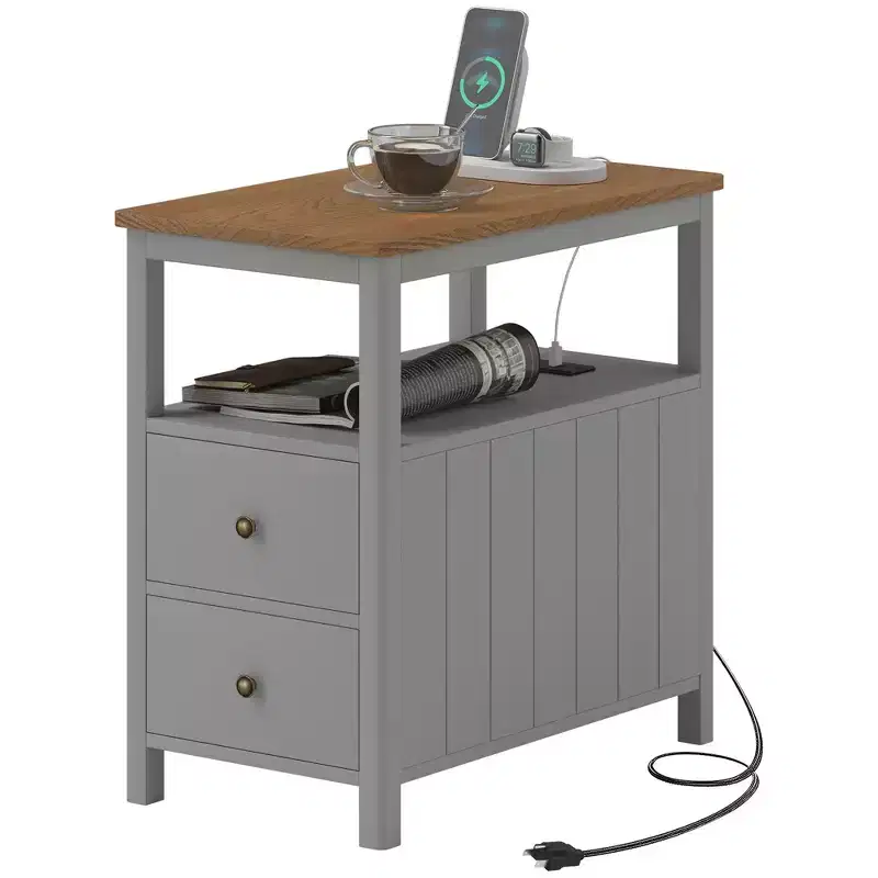 Side Table with Charging Station and USB Ports, Narrow End Table with Drawers, Shelf for Living Room