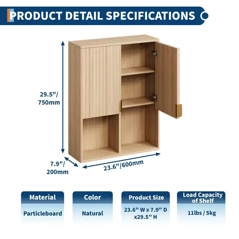 Fluted Bathroom Wall Cabinet 23x29, Over Toilet Storage with Adjustable Shelf & Buffering Hinges