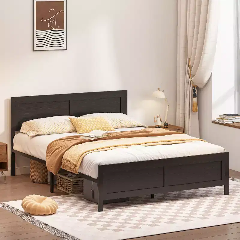 Dyonery Full/Queen Size Bed Frame, Metal Platform Bed Frame with Wooden Headboard with Rivet, Heavy Duty Iron Slats Support, Large Under-Bed Storage.