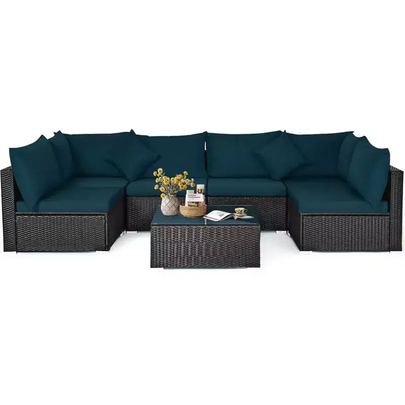Costway 7PCS Patio Rattan Sofa Set Sectional Conversation Furniture Set Garden Beige/Navy/Gray
