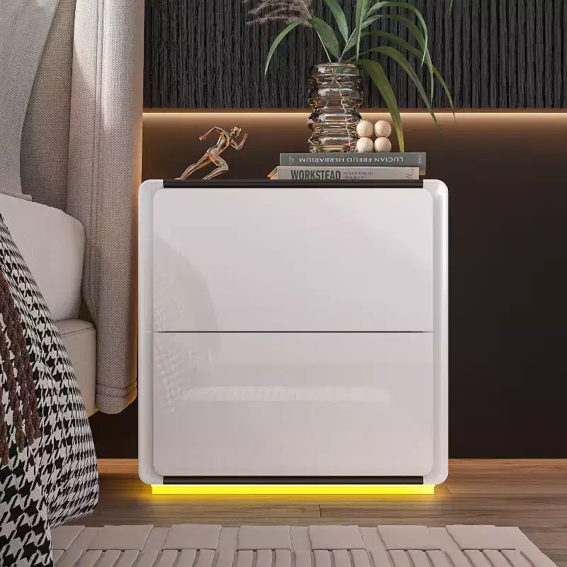 Modern Nightstand with LED Light & 2 Drawers, High-Gloss White, 110 lb Capacity