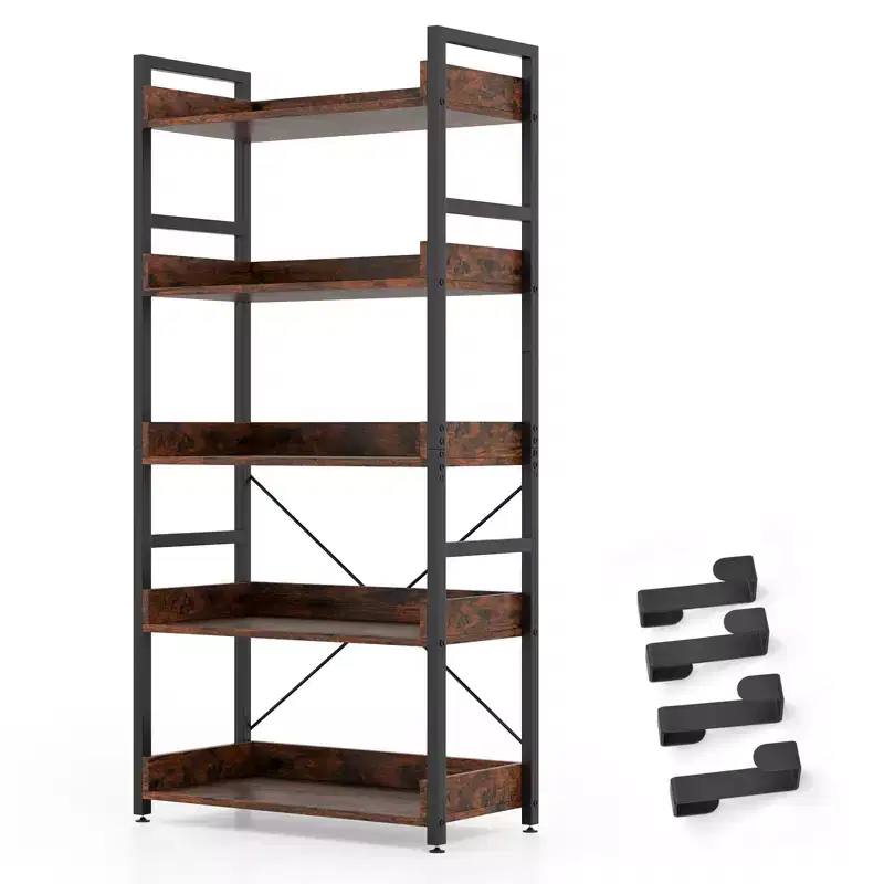 1/2PC 5-Tier Storage Rack with Hooks, Open Shelves, Rustic Wood Grain Design, Adjustable Feet, Brown+Black