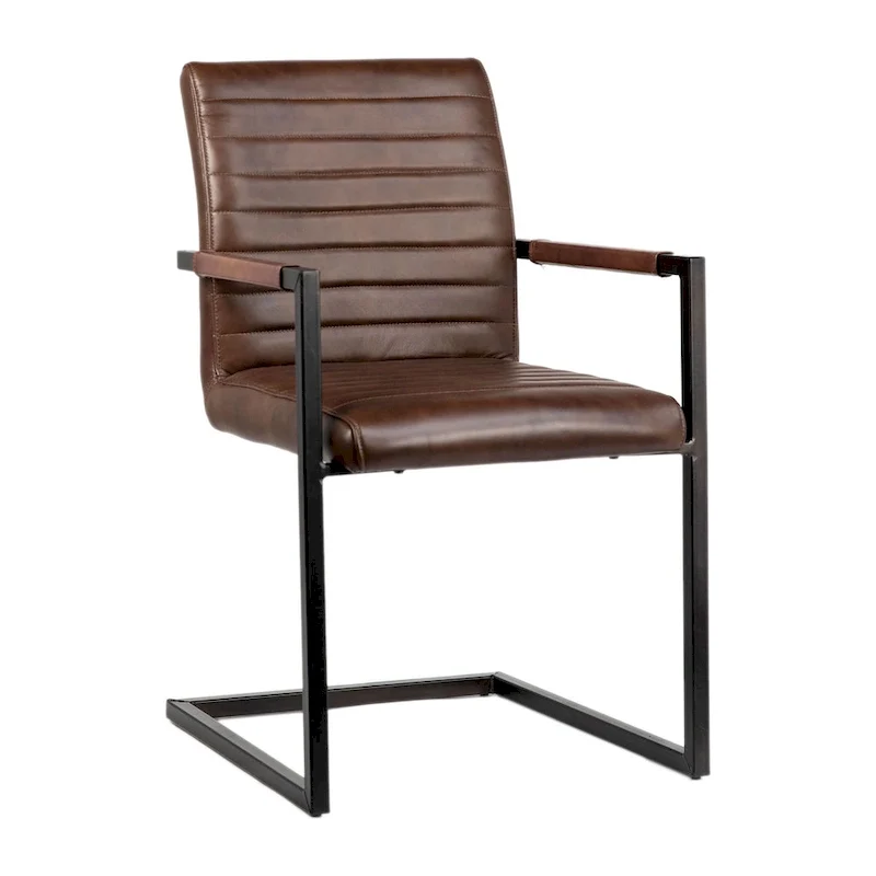 Full Grain Leather Dining Arm Chair – Black / Vintage Brown, Steel Frame, Channel Tufted, Single