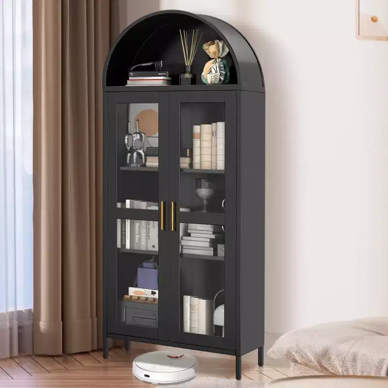 73 Inch High Arch Storage Cabinet with Glass Door and Adjustable Shelves, Kitchen/Dining/Living Room Display Bookshelf Organizer