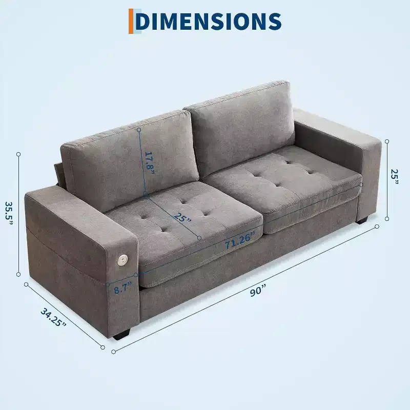 90 Loveseat Sofa Comfy Couches with USB/Type-C Charging Ports, Removable Covers & Wood Frame for Small Spaces