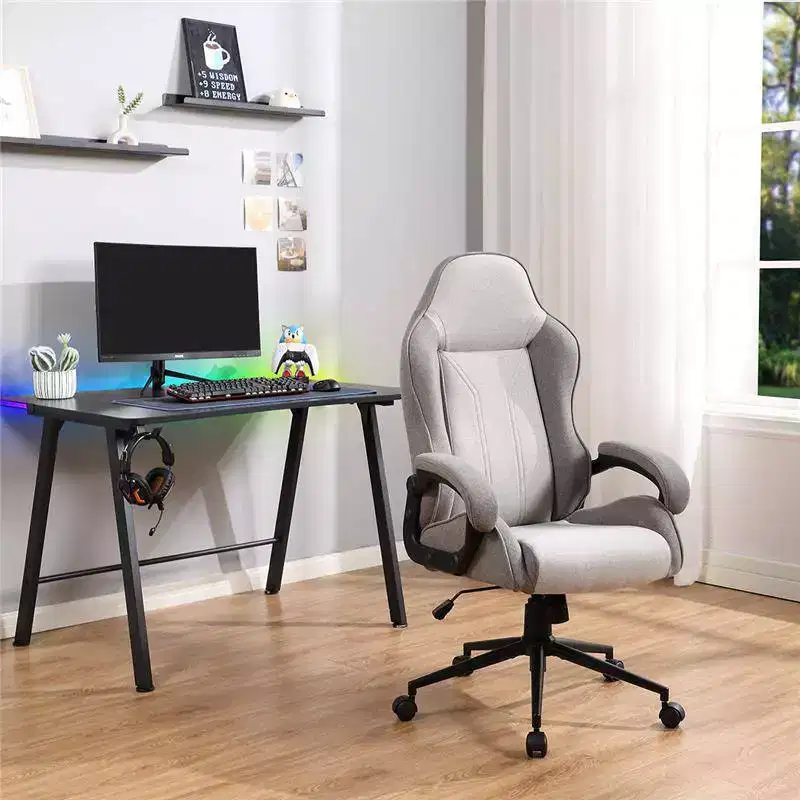 Gaming Desk with LED Lights and Headphone Holder, Compact Steel Frame Desk with Rubber Mat & Cup Holder