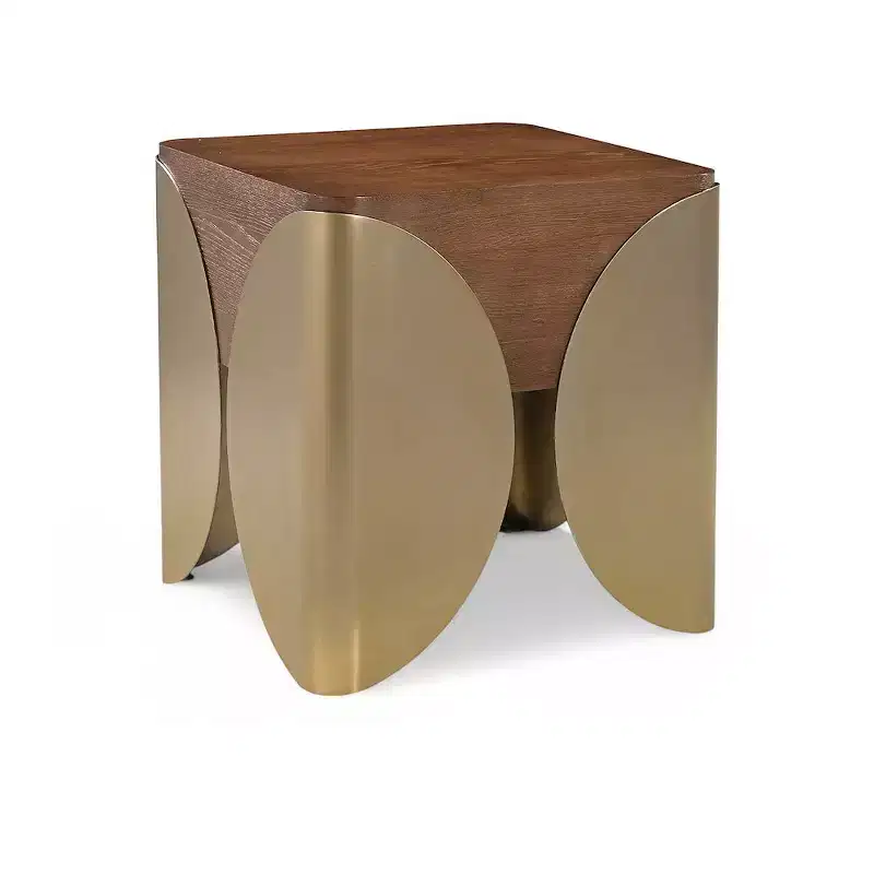 Brown Oak Wood and Iron End Table, Art Deco Square Design