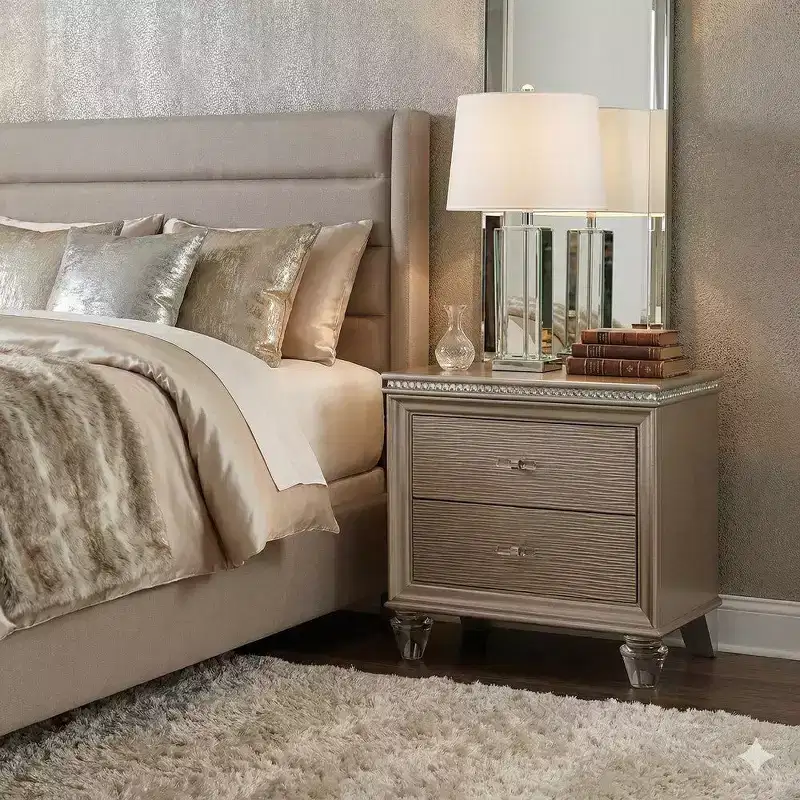 Royal Hampton 24 Inch Nightstand, 2 Drawers, Textured Drawer Panels, Gold Finish