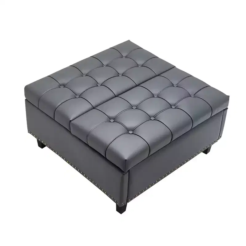31 in Square Leather Ottoman with Storage, Upholstered Tufted Button Coffee Table Ottoman with Lift-Top & Flip Design, PU Leather, Grey