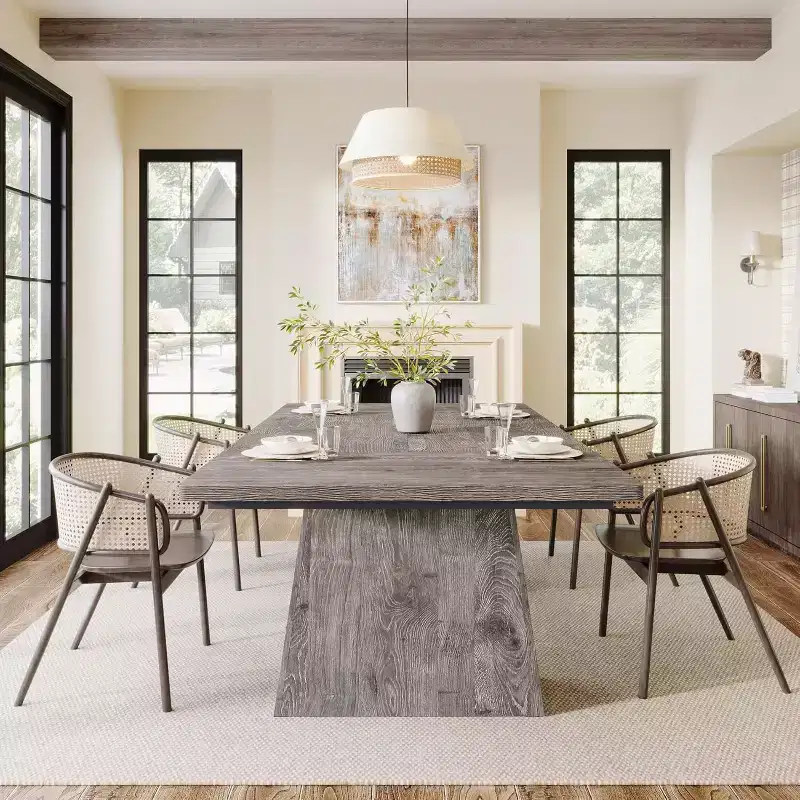 Lantine Dining Table for 6, Farmhouse Wood Rectangular Kitchen Table with Double Pedestal, 63 L x 31.5 W x 30 H, Grey