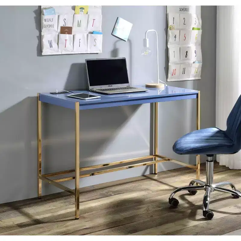 Modern 40 Writing Desk,Office Desk with Built-in USB Port,High-Gloss Desktop,Gold Open Metal Base,Rectangular Desk for Bedroom,Office,Study