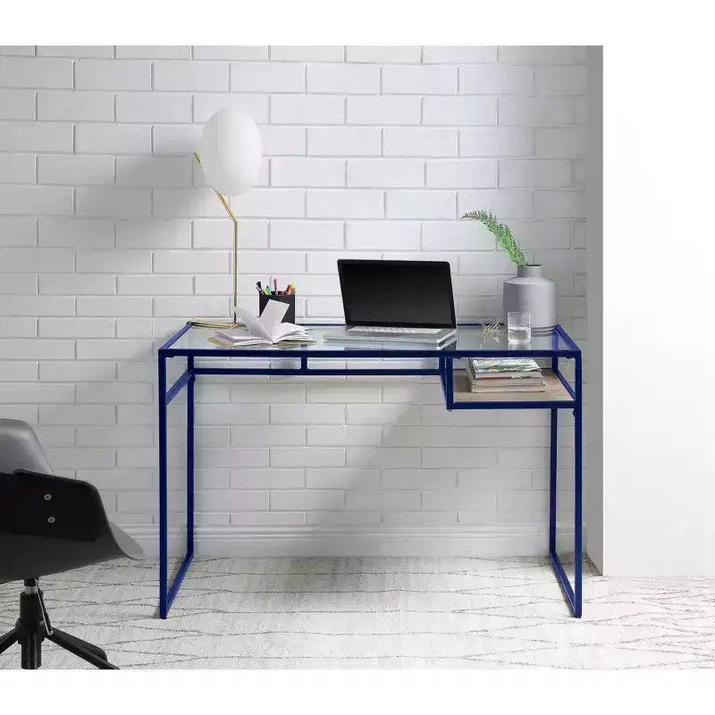 TUYOHW Writing Desk,Study Desks with Storage Shelf,Clear Glass Top,Metal Frame,Sled Base,Modern Rectangular Desk for Home Office,Study,Bedroom