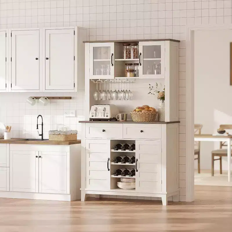 72 Tall Kitchen Pantry Cabinet with Hutch, 4 Doors, 2 Drawers, Wine & Glass Rack, Adjustable Shelves, Large Buffet Storage,White
