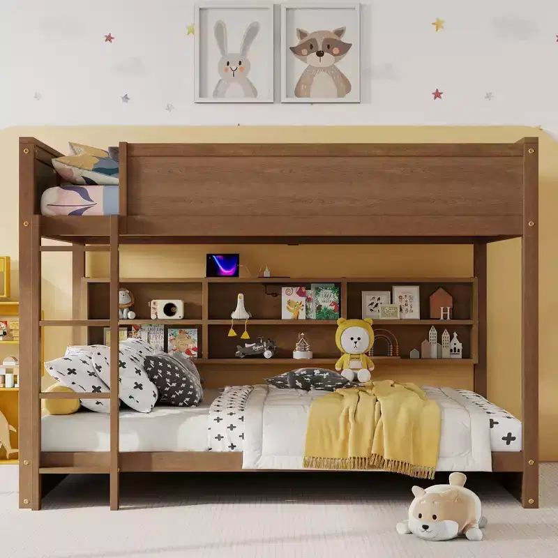 Clihome Queen Over Queen Bunk Bed with Storage, Charging Station & Guardrails