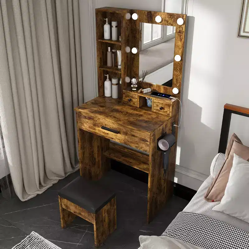 Vanity Table with Mirror & Adjustable LED Lights, Power Outlet, Hairdryer Holder & Stool  Compact Dressing Desk for Small Bedrooms(Vintage)