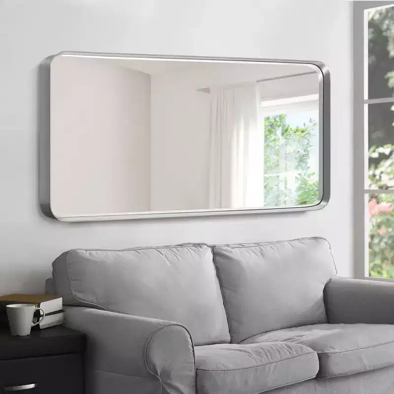Rectangular Wall Mirror in Aluminum Alloy with Soft Rounded Edges and Silver Electroplating