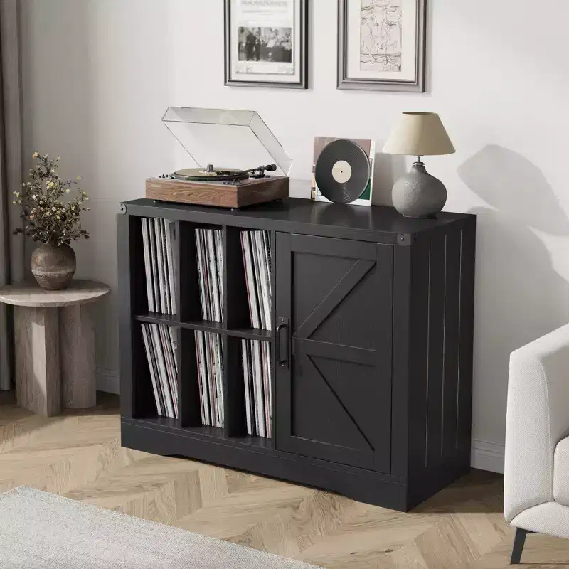 Modern Record Player Stand, Farmhouse Turntable Storage Cabinet with Barn Door, Wooden Vinyl Storage Console for Living Room, Black