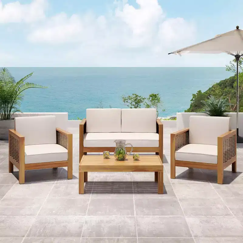 Christopher Knight Home Allegra Outdoor Acacia Wood and Wicker 4 Seater Chat Set with Cushions