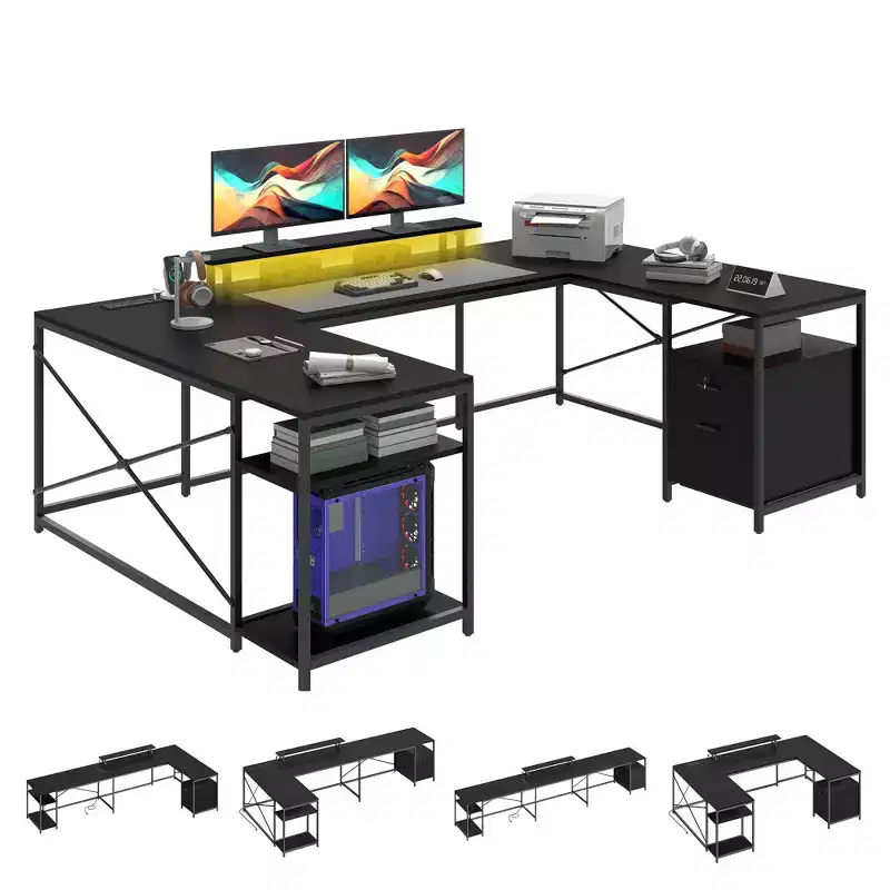 79inch U Shaped Desk Reversible L Shaped Desk With Drawers Corner Computer Desk Office Desk With Monitor Stand & Storage Shelves