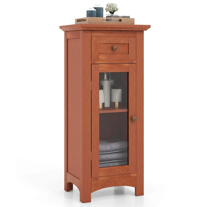 Bathroom Floor Cabinet with Tempered Glass Door, Drawer & Adjustable Shelf, Anti-Toppling MDF 15x12.5x34.5