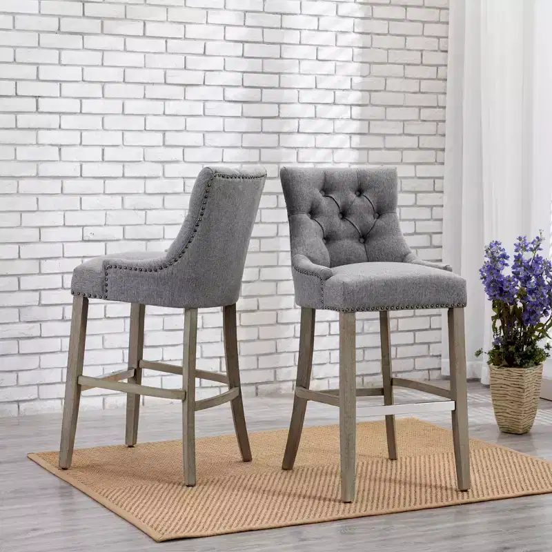 WestinTrends 29 Linen Tufted Buttons Upholstered Wingback Bar Stool (Set of 2), Gray