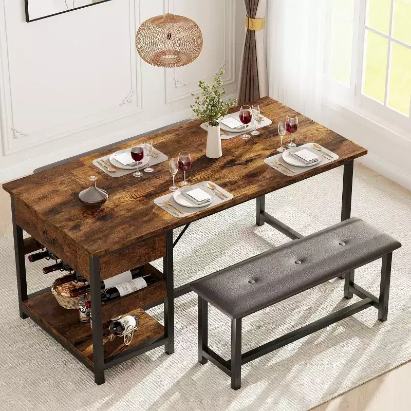 CuisinSmart Dining Table Set for 4, Dining Set with 2 Upholstered Benches, Space-Saving Dining Room Set with Storage Drawers and Wine Rack