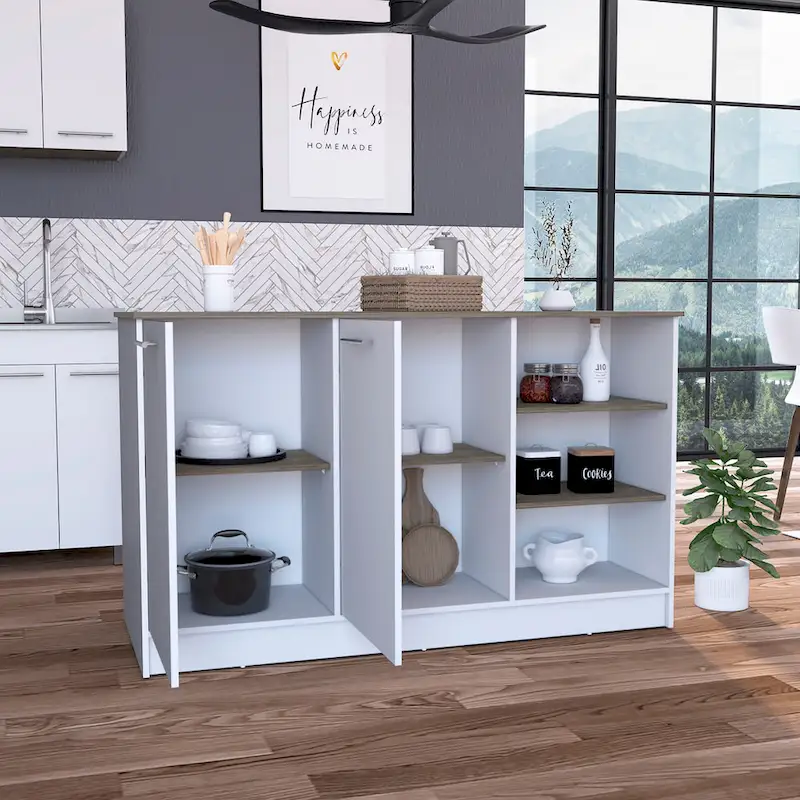 FM Furniture Gladiolus Kitchen Island, Two Cabinets, Three Open Shelves