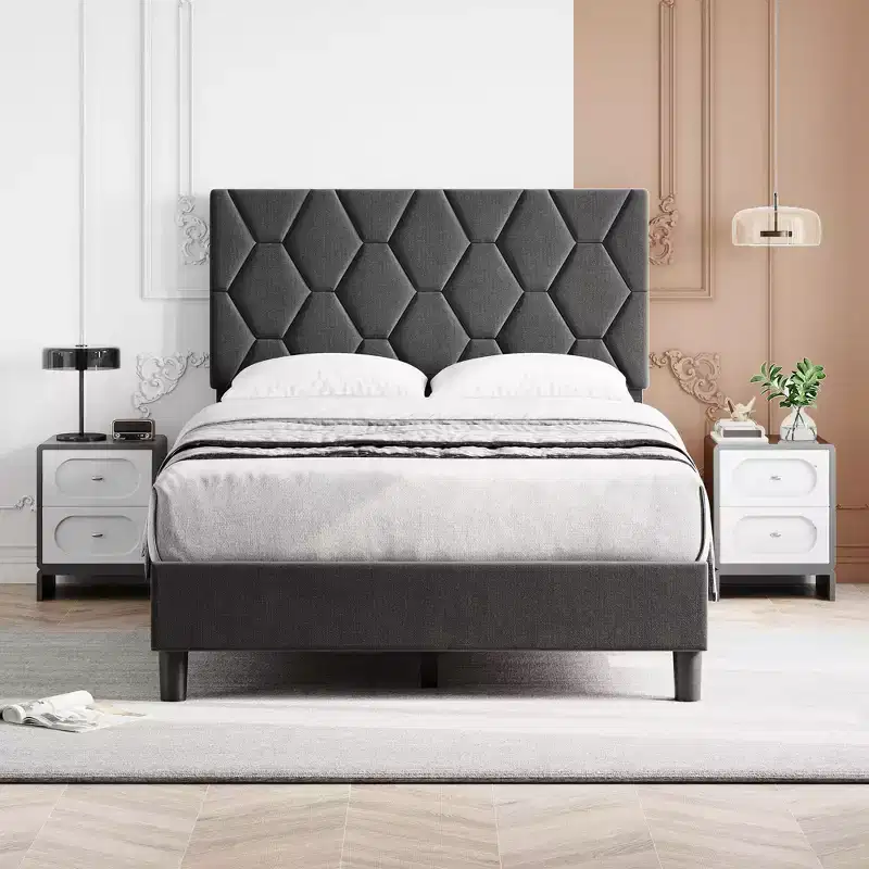 Bed Frame, Twin Size Upholstered Platform Bed with Headboard - Wood Slats Support, No Box Spring Needed, Noise Free, Easy Assembly