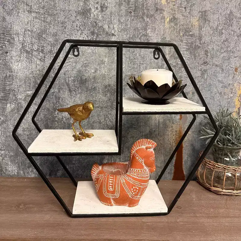 Slickblue Wall Mounted Shelf, Iron and Wood 3 Layer Storage Rack, Rustic Industrial Style, Medium, 17.5x15.4