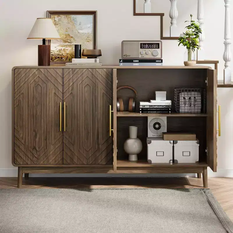 Sideboard Buffet Cabinet with Carved 4 Door Adjustable Layer Board for Living Room Kitchen Dining Room Walnut