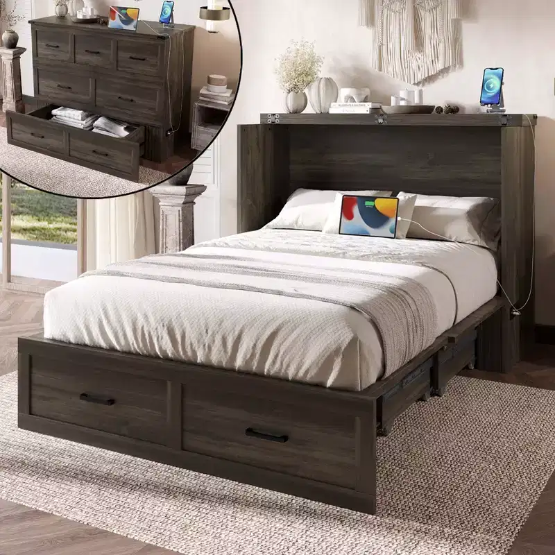 FAMYYT Full Size Foldable Platform Bed With Charging Station, Storage Drawer, Easy Assembly