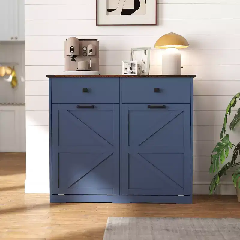 Farmhouse Double Storage Cabinet with 4 Drawers, Free Standing Cabinet, Barn Door Style Laundry Sorter Cabinet for Kitchen