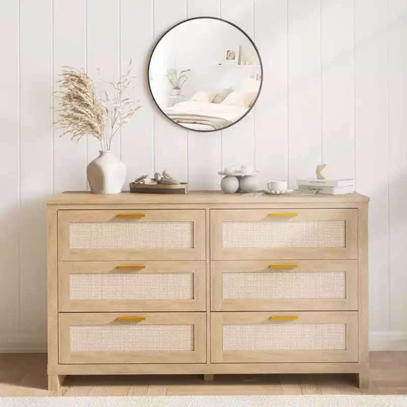6 Drawer Rattan Dresser for Bedroom, Boho Modern Wood Dressers Chest with Ample Storage, 6-Drawer Chest of Drawers for Closet & Living Room, Natural
