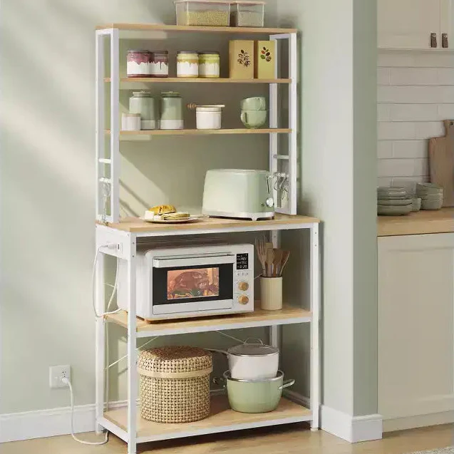 Bakers Rack - 31.5 - Inch Coffee Bar with Power Outlet. 6 - Tier Kitchen Shelves with 6 Hooks, Perfect as Microwave Stand
