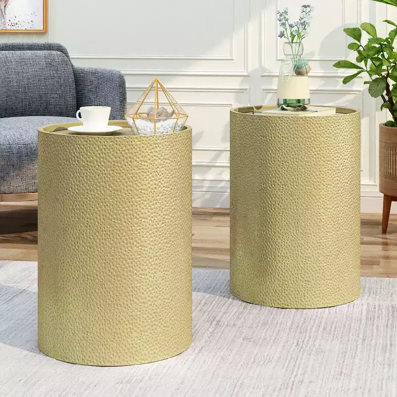 Okak Modern Round End Table with Hammer Marks, Cylindrical Side Table with Groove Design, Couch Table for Living Room, Bedroom, Set of 2