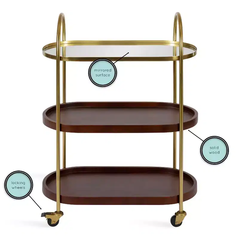 Kate and Laurel Maxfield Oval Wood Bar Cart, 26x13x36, Walnut Brown and Gold