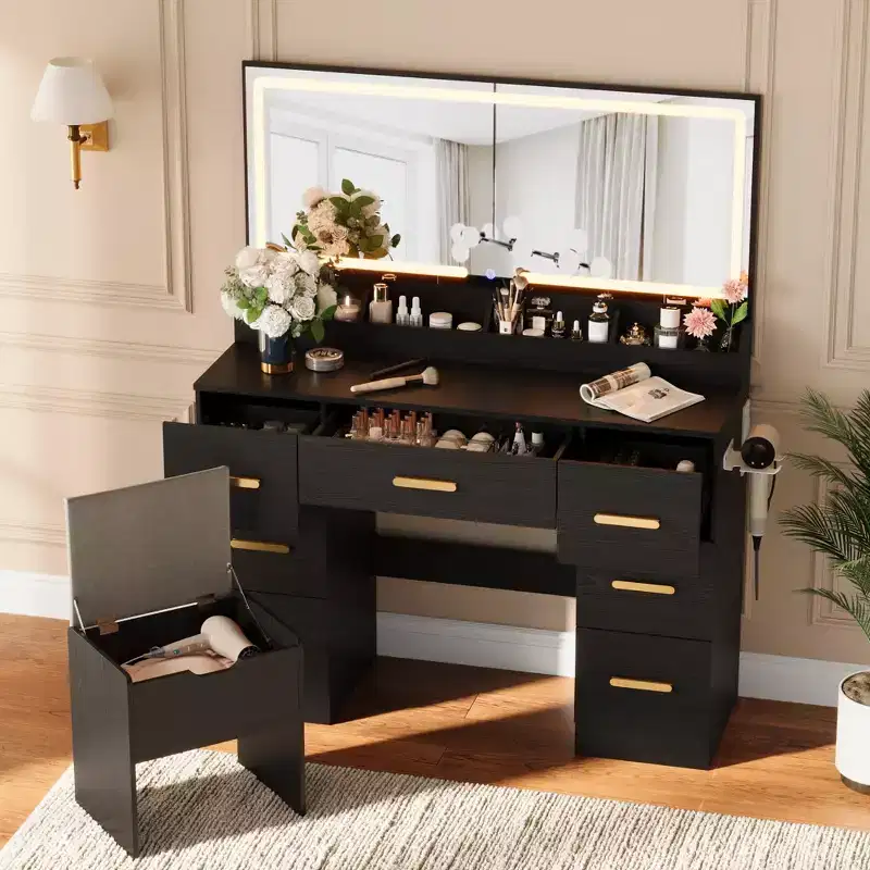 Vanity Desk with Large Mirror and Lights, 45.9In Makeup Vanity Desk, 3 Lighting Modes Adjustable Brightness, Vanity Table with Power Outlet &8 Drawers