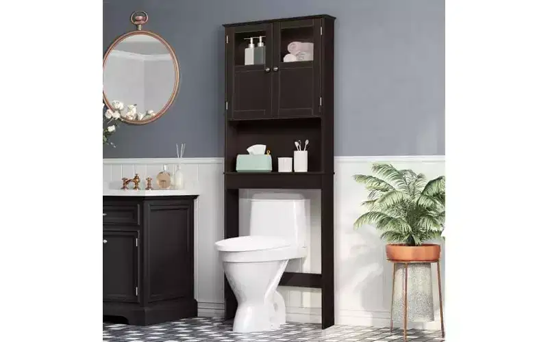 VINGLI Over The Toilet Storage Cabinet White Bathroom Storage Organizer Above The Toilet Shelf with Acrylic Glass Double Doors Espresso