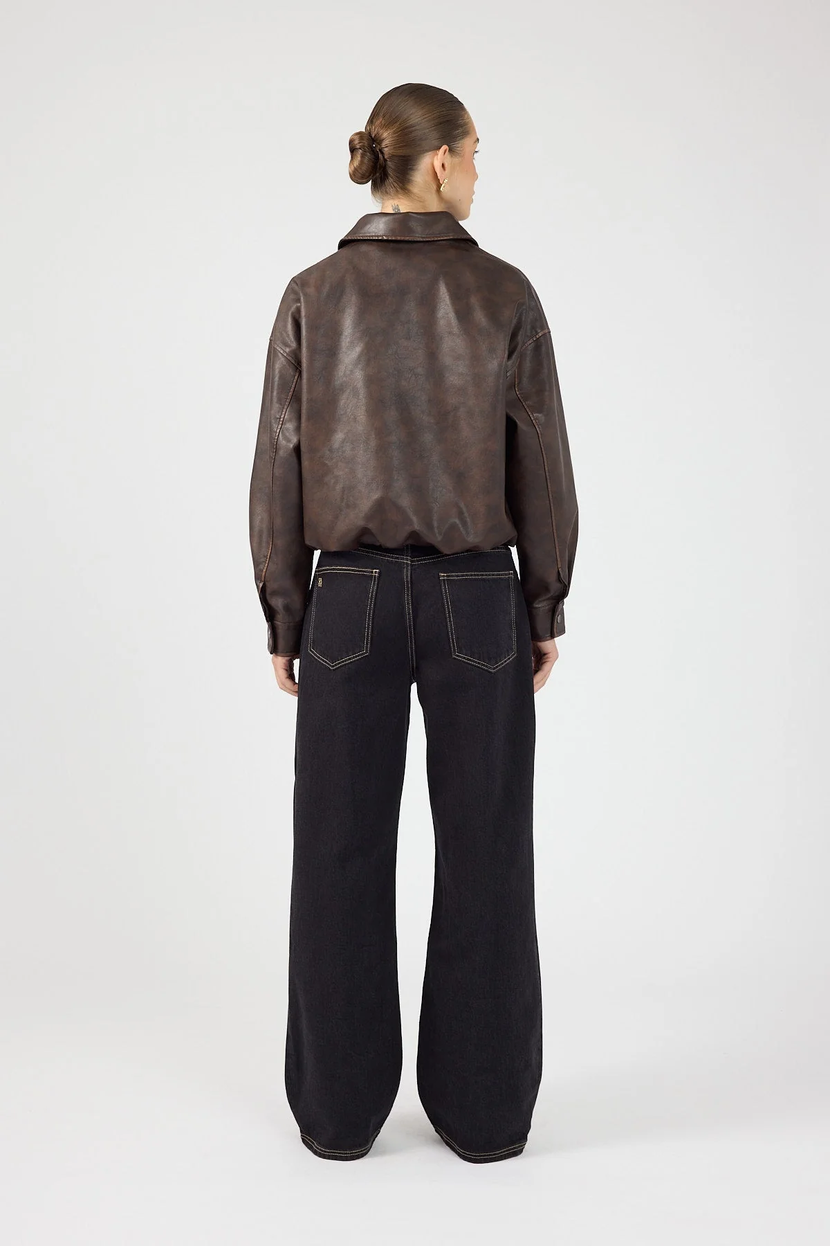 Washed Faux Leather Bomber Brown