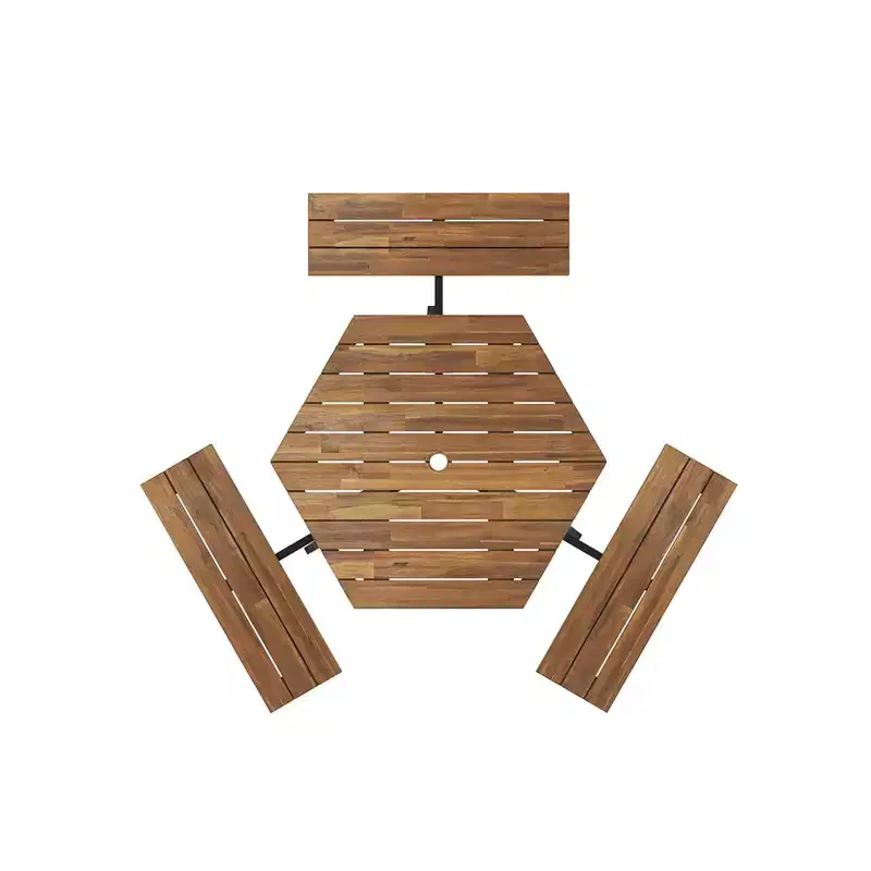 Gymax 6-Person Acacia Wood Picnic Table Set with 3 Benches Umbrella Hole Adjustable Non-Slip Feet for Outdoor Use