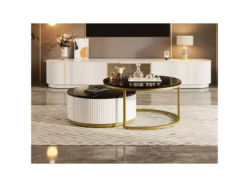 TUYOHW Modern Nesting Coffee Table,31.5/27.6 Fluted Table with Drawer,Living Room Accent Table,Sturdy MDF Top & Metal Base,80lbs Capacity