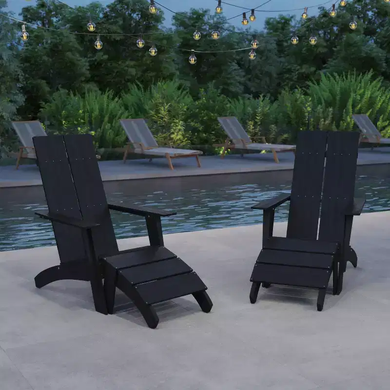 Merrick Lane Set of 2 Adirondack Slatted Back Patio Chairs With Accompanying Foot Ottomans