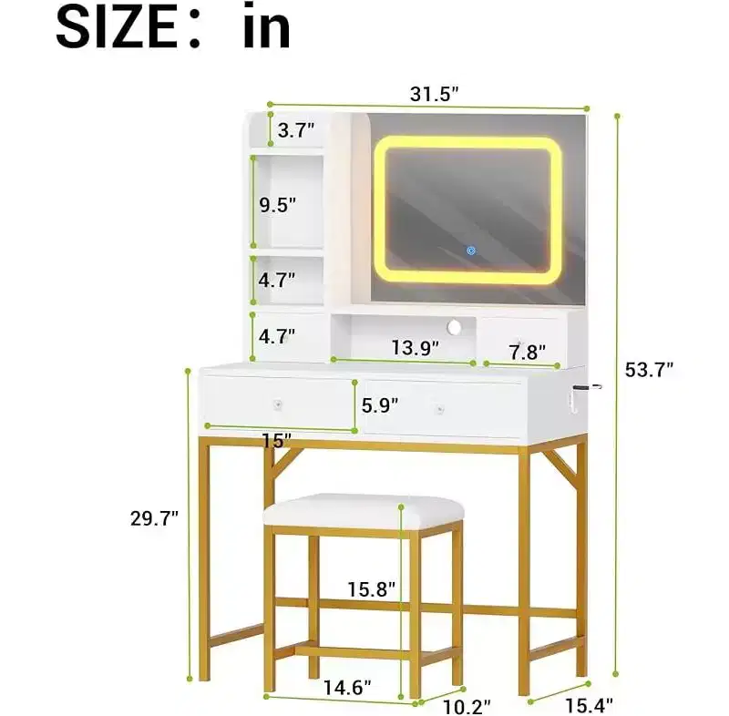 Vanity Desk with Mirror, Makeup Vanity TableModern Dressing Table and Stool with Charging Station, 4 Drawers and 2 Open Shelves