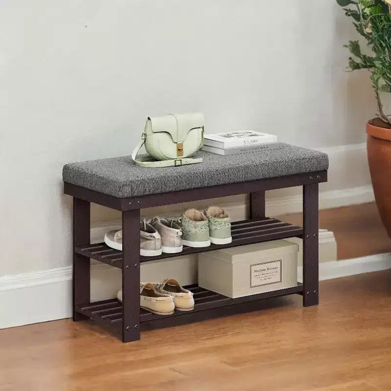 Bamboo Shoe Bench with 3-Tier Rack, Padded Seat Holds 330 lbs, Stores 6 Pairs, 28