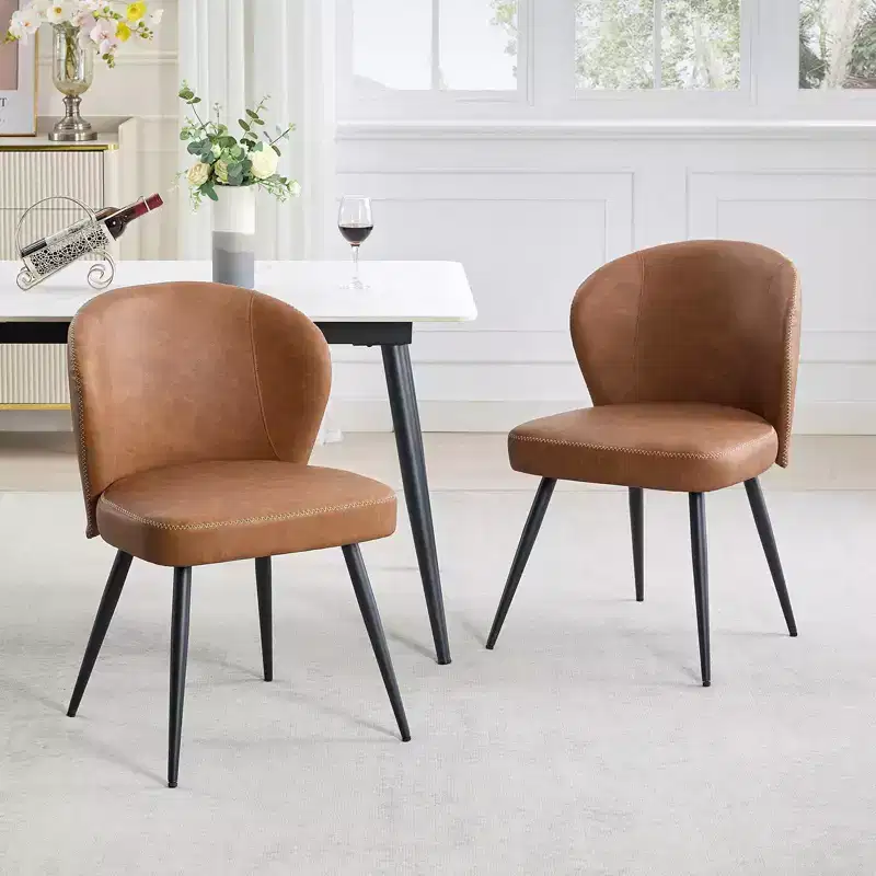 Dining chair set of two, mid-century modern kitchen dining chairs with upholstered backs, stitching and metal legs, beige